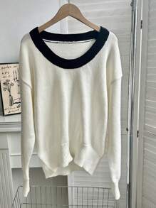 SHEIN LUNE Suéter holgado de punto con bloque de color y cuello redondo, casual para otoño e invierno - Blanco y Negro - Ver 1