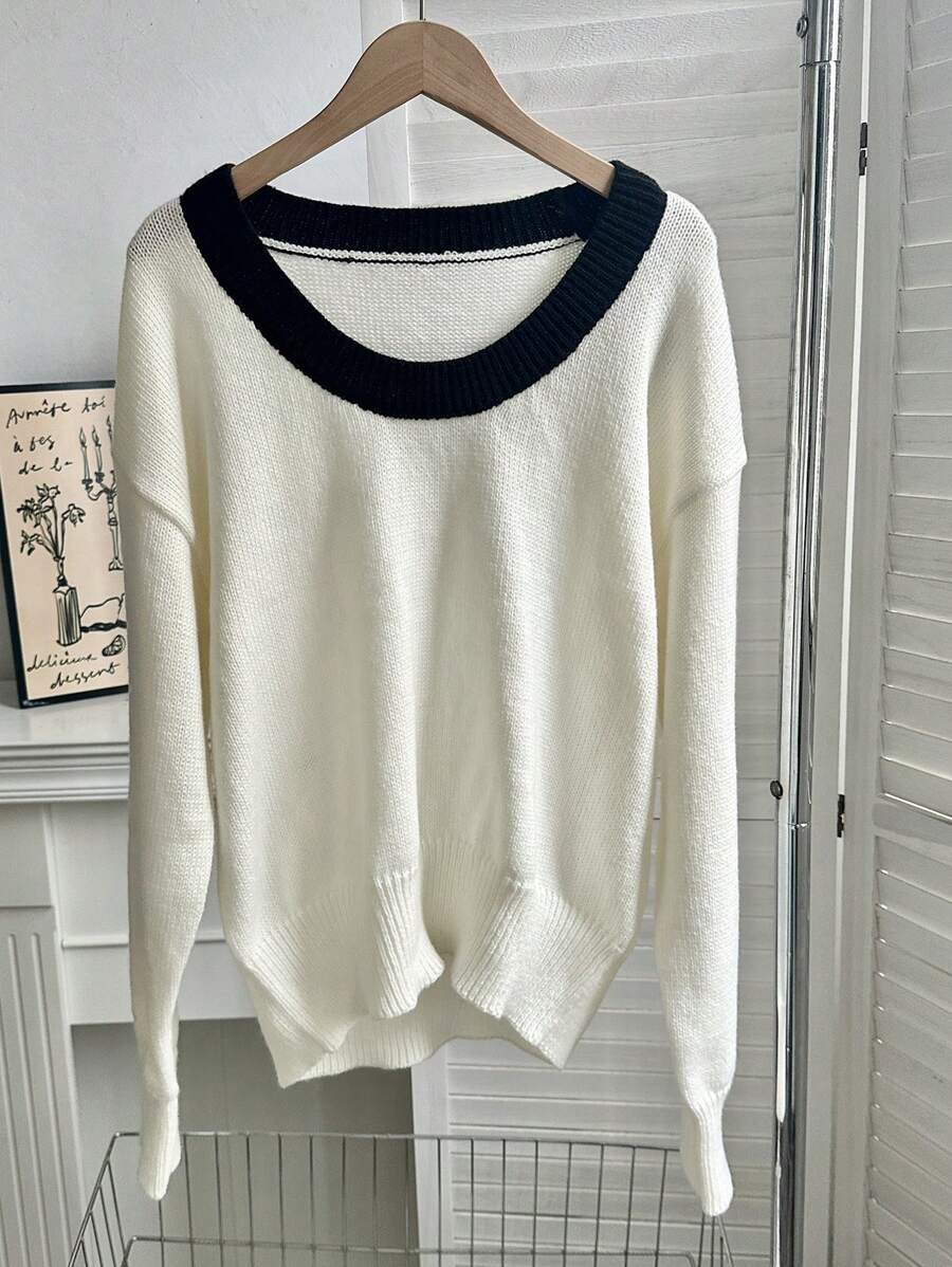 SHEIN LUNE Suéter holgado de punto con bloque de color y cuello redondo, casual para otoño e invierno - Blanco y Negro - Ver 1