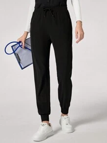 TaskEZ 纯色抽绳腰部锥形腿护理手术服裤子 - 黑色 - 查看 6