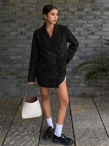 DAZY 纯色宽松长袖宽翻领口袋女士休闲西装外套，秋季女装商务装