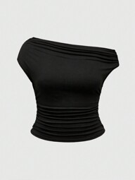 Grunge Punk T-shirt femme style Y2K Harajuku unicolore, moulant à col asymétrique froncé, grande taille, style rétro du millénaire, pour l'été