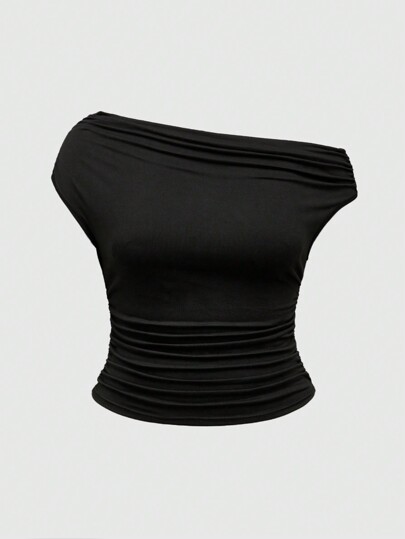 Grunge Punk Maglietta asimmetrica arricciata da donna taglia comoda, stile solido Y2K Harajuku, collo arricciato, retrò anni 2000, ideale per l'estate