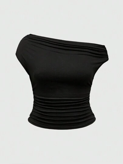 Grunge Punk T-shirt femme style Y2K Harajuku unicolore, moulant à col asymétrique froncé, grande taille, style rétro du millénaire, pour l'été