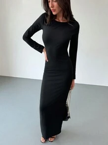 Aloruh 1 件女式露背纯色长袖休闲连衣裙，简约风格 - 黑色 - 查看 4