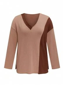 SHEIN LUNE Conjunto informal de 2 piezas de talla grande con top de manga larga cuello en V de unicolor y pantalones largos