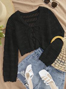 Travachic Áo len cardigan dài tay buộc phía trước màu trơn cho nữ đi nghỉ, mùa thu, áo dài tay - màu đen - Xem 4