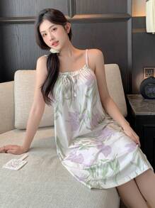 DAZY Vrouwen Bloemenprint Voorkant Strik V Hals Casual Losse Mouwloze Nachtjapon