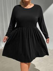 SHEIN CURVE+ 曲线加大码喇叭腰线冬季和秋季 A 字中长连衣裙 - 黑色 - 查看 8