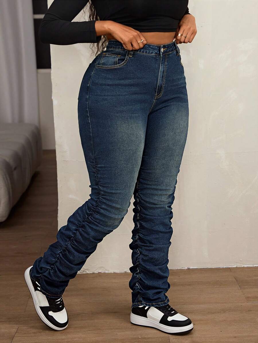 Slaydiva Plus Size High Stretch Denim Skinny Jeans With Elongated Leg Design - Blue - View 1