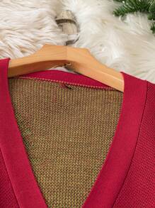 SHEIN LUNE Plus Size Women Christmas Tree Pattern Long Sleeve Single-Breasted Casual Loose Cardigan, Autumn/Winter - Red - View 4