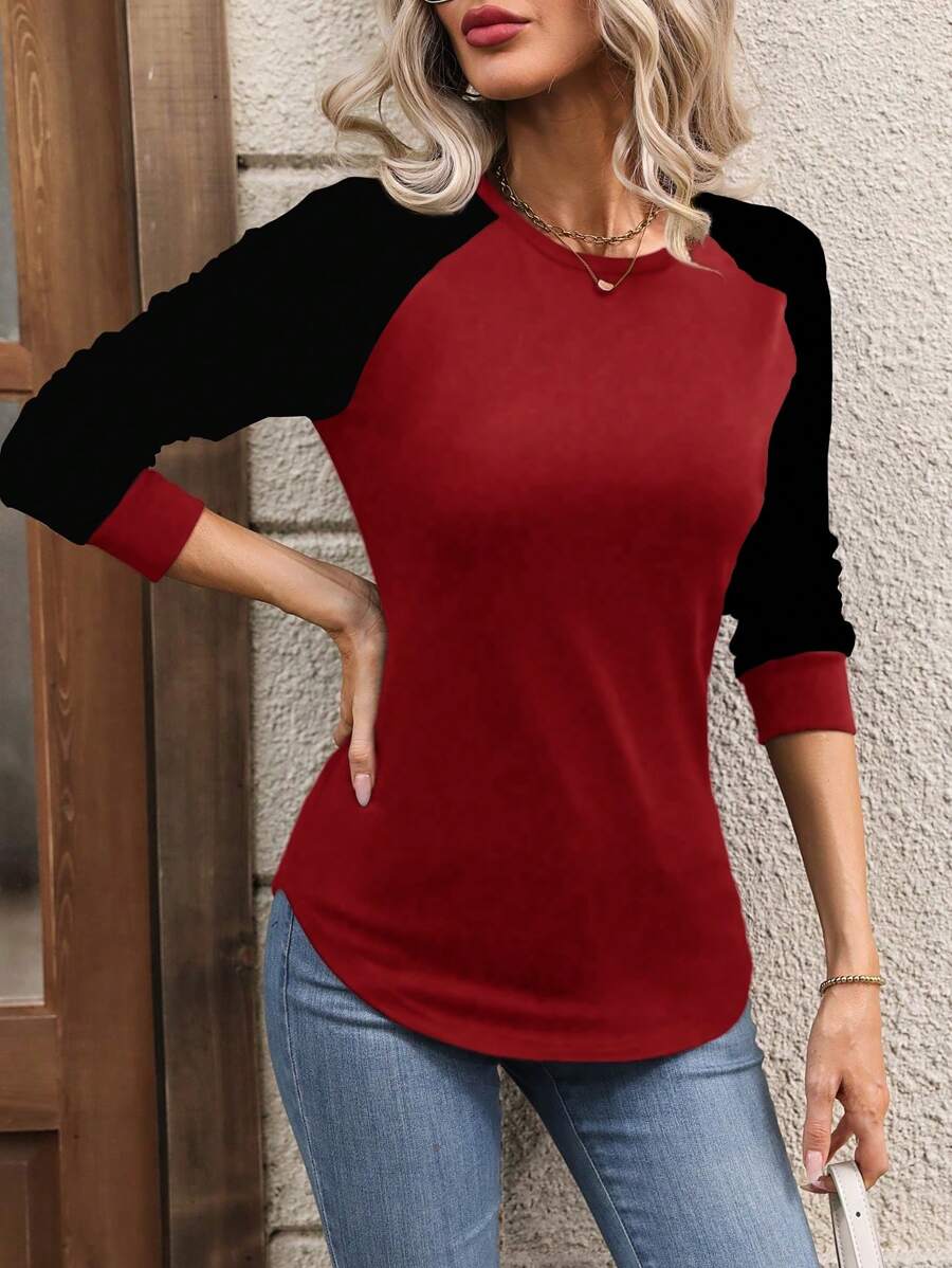 SHEIN LUNE Camiseta de manga larga con cuello redondo y bloque de color para mujer, adecuada para salidas casuales, top para mujer en primavera - Multicolor - Ver 1