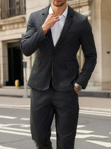 Manfinity Mode 2pcs/Set Men Single Breasted Long Sleeve Blazer & Pocket Trousers Suit - Black - View 5