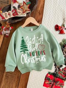 SHEIN Young Girls' Christmas Graphic Print Casual Everyday Cozy Knit Long Sleeve Crew Neck Thick Sweatshirt, Suitable For Autumn/Winter - Mint Green - View 2