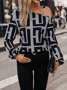 SHEIN LUNE Áo sơ mi dài tay cổ bất đối xứng in họa tiết toàn thân thanh lịch và thời trang một bên vai - Xám - Xem 4