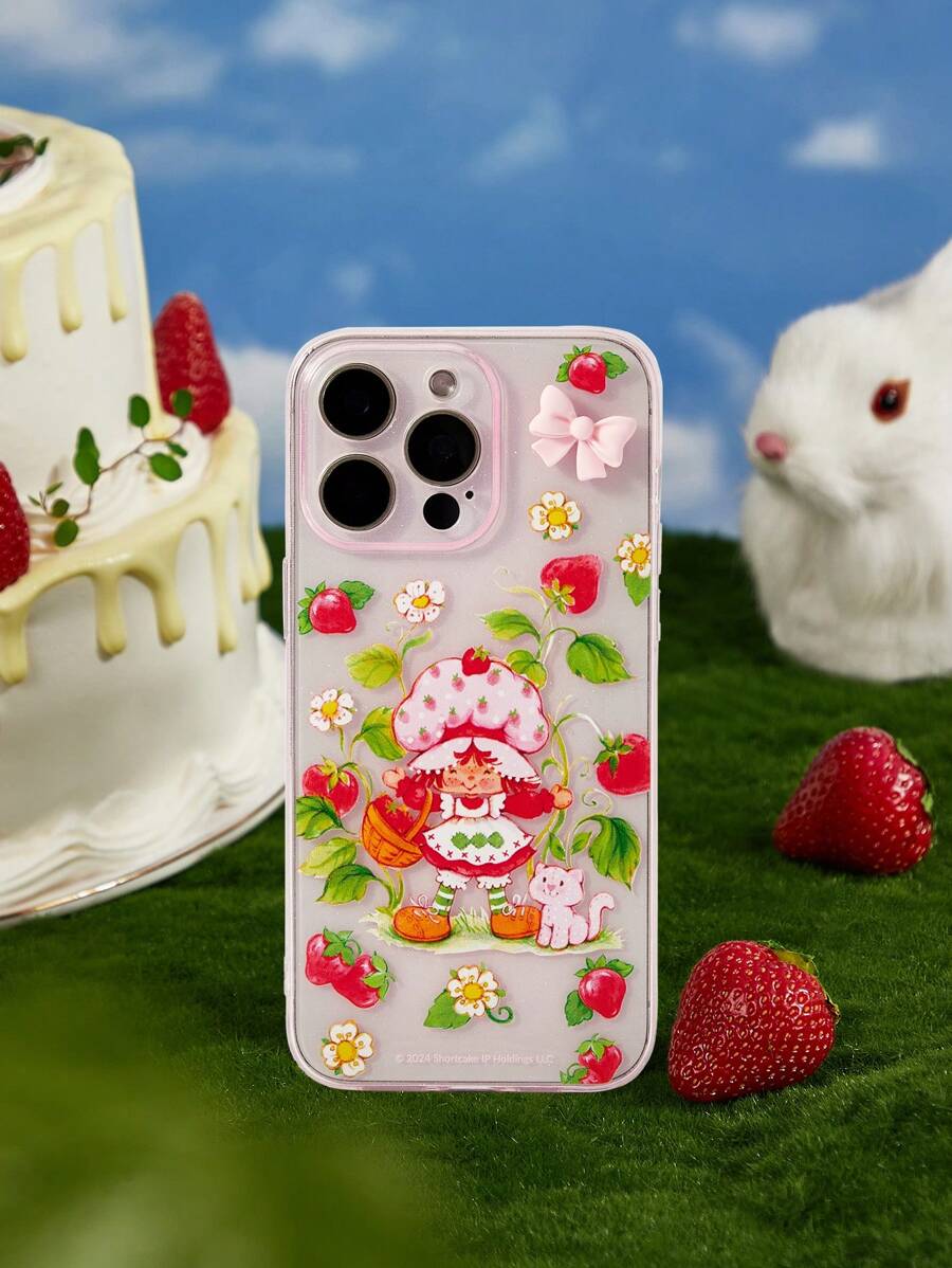 Strawberry Shortcake X SHEIN Pink Cartoon Character And Strawberry Pattern Transparent Phone Case ,Compatible With IPhone,Gift Ideas - Clear - View 1