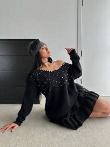 Franclia Plus Size Women's Plus Size Drop Shoulder Long Sleeve Loose Oblique Shoulder Studded Pearl Sweater, Autumn/Winter