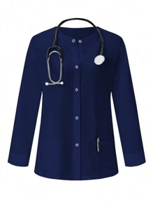 PopScrub Women Solid Color Front Button Nursing Scrub Uniform Jacket - Navy Blue - View 3