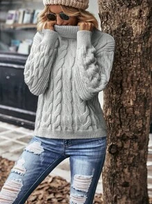 EMERY ROSE Jersey de cuello alto de punto de cable de unicolor, jersey informal, manga larga, jersey de punto para otoño e invierno - Gris - Ver 6