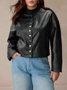 Elaquor Plus Size Casual Cool Drop Shoulder Loose Single-Breasted Cropped PU Leather Jacket - Black - View 7