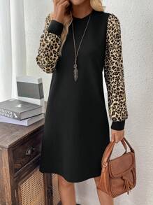 Rusticease Women Leopard Print Patchwork Crew Neck Long Sleeve Straight Casual Midi Dress, Autumn - Multicolor - View 6