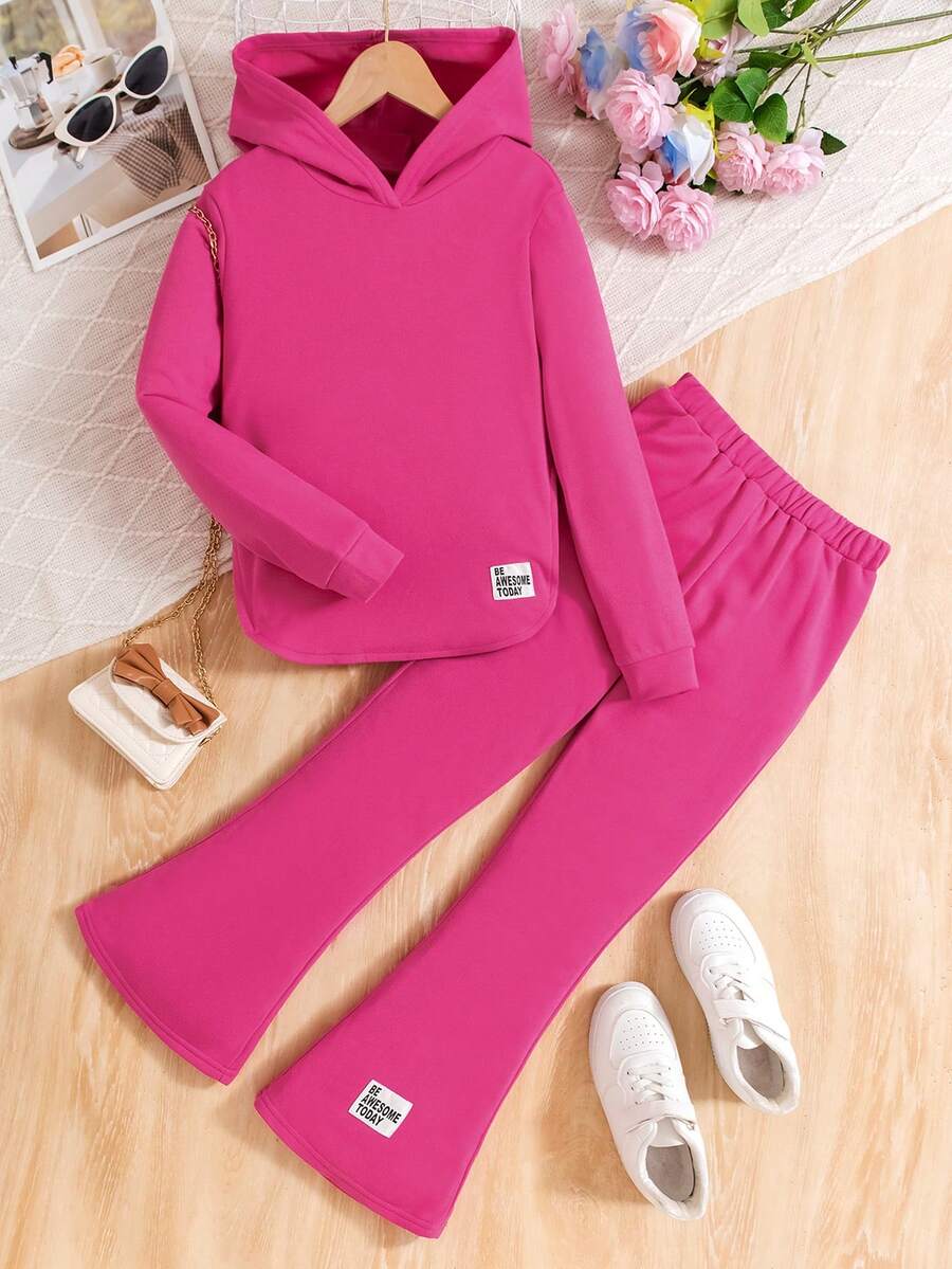 2 件 Tween Girl 女童玫瑰红色连帽衫和喇叭裤休闲家居服套装,秋冬 - 玫紅色 - 查看 1