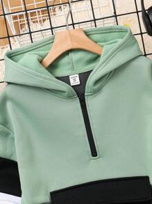 SHEIN 儿童/青少年男孩休闲拼色拼接连帽半拉链长袖针织连帽衫，黑色和白色，适合学校、花园、海滩、生日、秋季、春季、夏季、冬季 - 綠色 - 查看 5