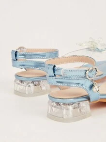 1 双儿童蓝色粗高跟闪光蝴蝶水晶装饰舒适凉鞋，可爱女童鞋，适合春夏秋季 - 藍色 - 查看 5