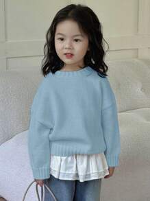 DAZY Young Girl Solid Drop Shoulder Oversize Sweater , Fall Clothes - Blue - View 1