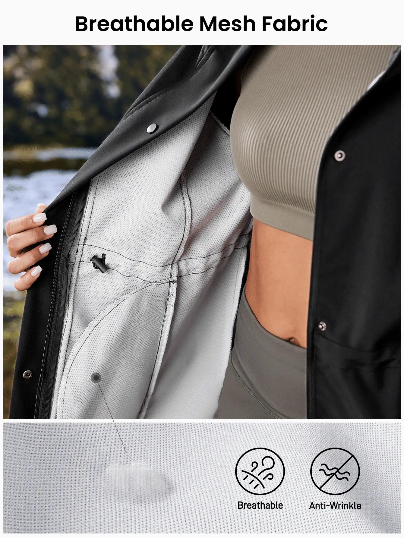 In My Nature 女士户外风衣夹克，腰部可折叠，防水透气，适合露营、远足和城市通勤 - 黑色 - 查看 4