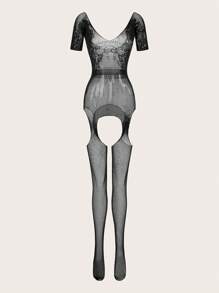 Fashionable Charming Women Mesh Short Sleeve Bodycon Jumpsuit - Black - View 5