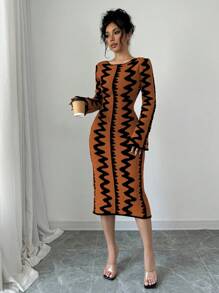 Elenzga 女士优雅提花针织紧身迷你连衣裙 - 棕色 - 查看 3