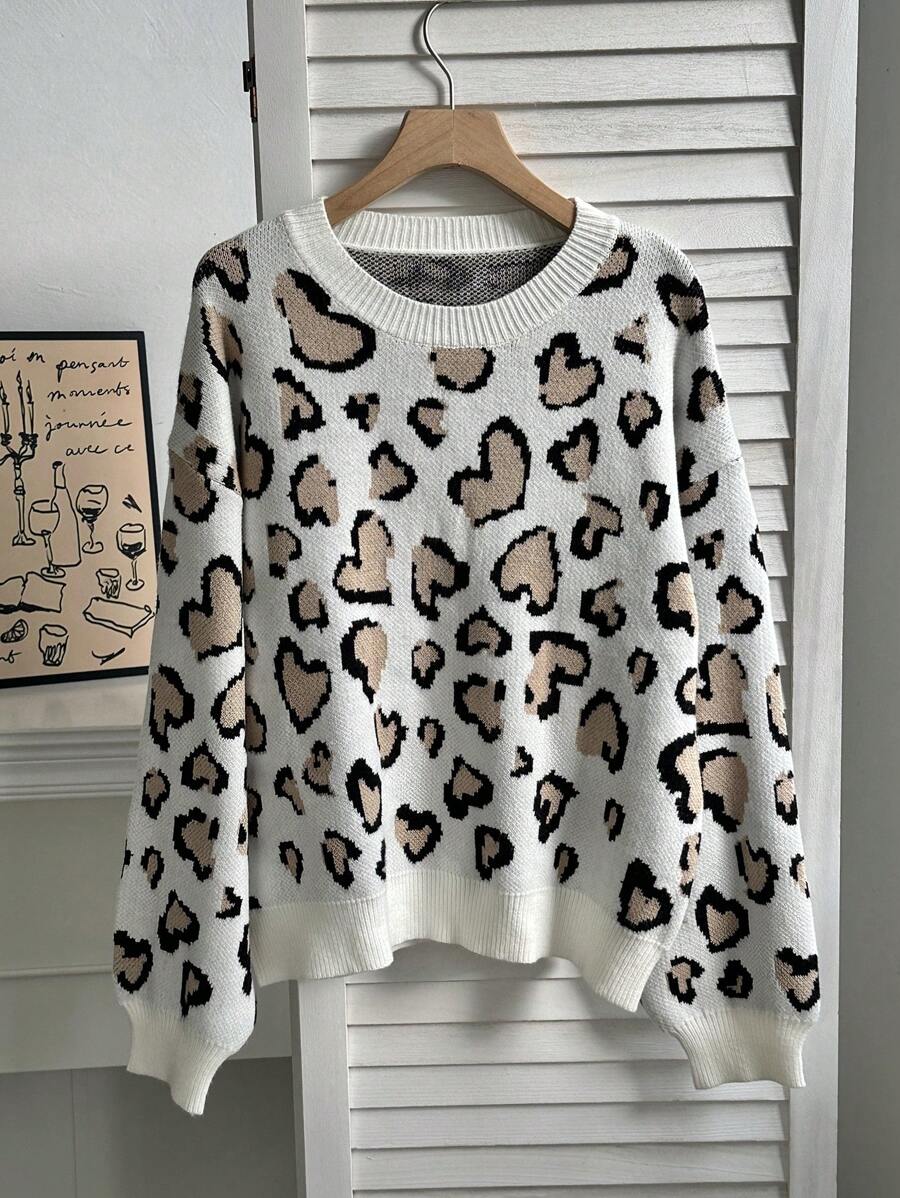 SHEIN LUNE Áo len nữ dệt kim họa tiết da báo và trái tim, kiểu dáng thường ngày cho mùa thu/đông, áo len chui đầu mùa thu. - Nhiều màu - Xem 1