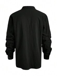 Manfinity Homme Men's Solid Color V-Neck Long Sleeve Casual Commuter Shirt, Spring & Autumn - Black - View 2