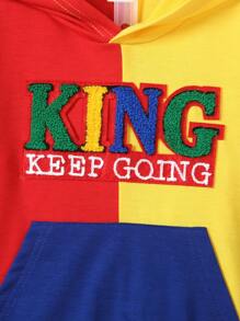 Conjunto de 2 piezas para niños pequeños: sudadera con capucha de bloque de color tejido con patrón bordado de letras en inglés y pantalones vaqueros suaves con bolsillos funcionales, conjunto colorido y vibrante adecuado para uso diario, deportes, escuela, viajes - Multicolor - Ver 3