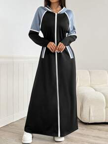 Mulvari Women's Casual Contrast Piping Slant Pocket Zipper Front Hooded Arabian Modest Long Sleeve Dress Sporty Dresshooded Dress - Black - View 3