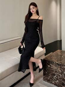 DAZY 1件装女士舞会礼服，露肩长袖网纱撞色连衣裙，生日、新年、舞会派对女士薄纱连衣裙，返校服装，秋季连衣裙，返校礼服，优雅女士连衣裙