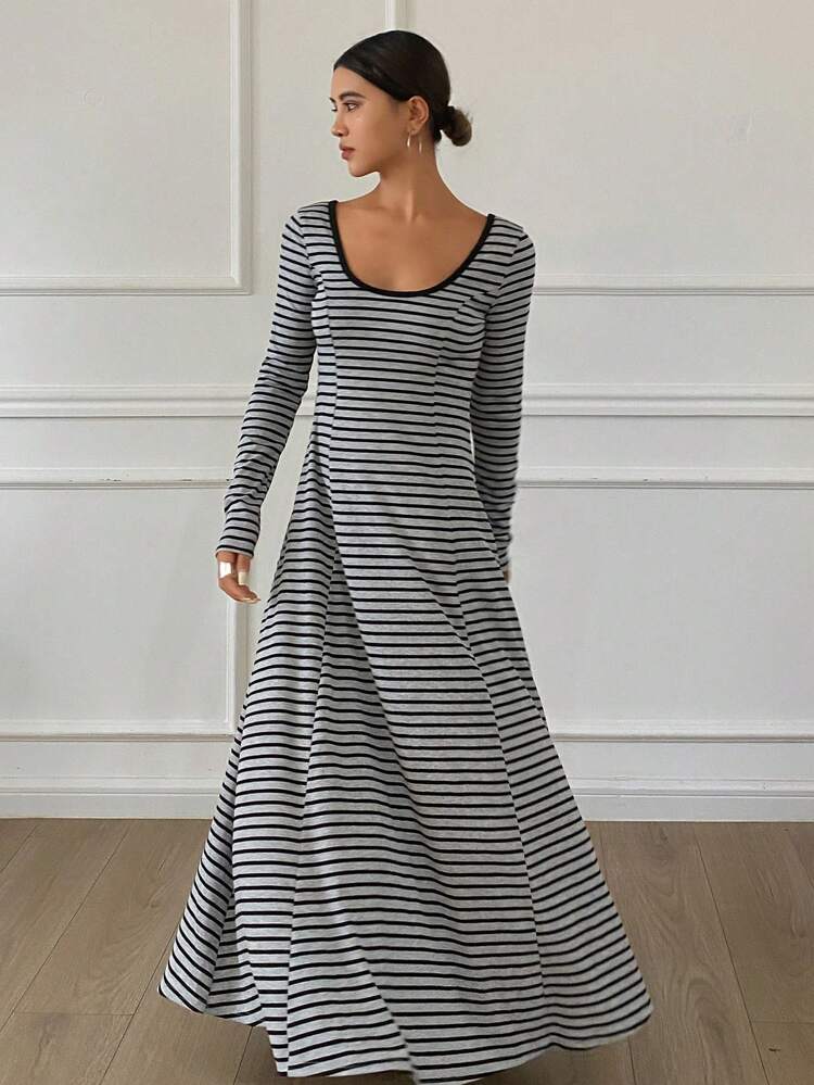 Women Striped Wide Collar Bodycon Long Dress,Fall Dress Long Sleeve Dress