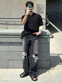 DAZY Men's Casual Straight Leg Jeans With Washed And Ripped Design - Black - View 1