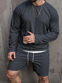 Manfinity Dauomo Conjunto de 2 piezas de sudadera y shorts de unicolor para hombre, para primavera/otoño