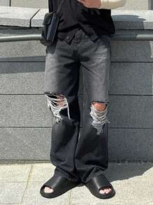 DAZY Men's Casual Straight Leg Jeans With Washed And Ripped Design - Black - View 6