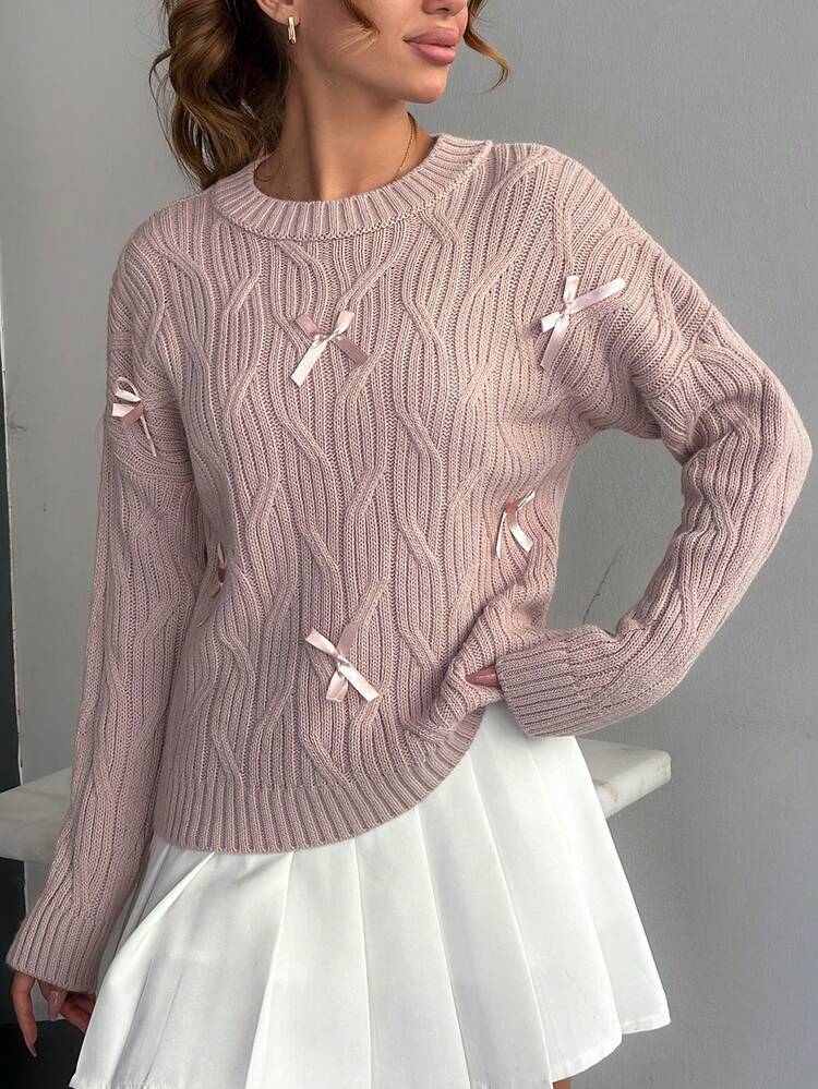 SHEIN PETITE Petite Cable Knit Ribbon Detail Drop Shoulder Sweater - Pink - View 5