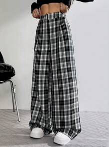 SHEIN EZwear 格纹印花松紧腰休闲宽松裤 - 黑與白 - 查看 5