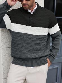 Manfinity Homme Plus Size Men Contrast-Color Button Casual Knit Sweater - Multicolor - View 6