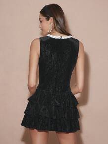 Enchnt Women's Elegant Velvet Silver Silk Faux Pearl Sleeveless Pleated Black Dress,Summer Birthday Party,Christmas Date Night,Fall Winter Short Clothes - Black - View 3
