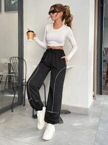 SHEIN PETITE Contrast Binding Detail High Waist Wide Streetwear Sweatpants - Black - View 3