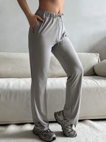 SHEIN Sports Women Solid Color Drawstring Waist With Pockets Straight Leg Casual Sports Pants - Grey - View 5