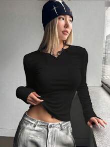 DAZY 女士圆领纯色长袖休闲羊毛厚T恤，秋冬，秋季女装 - 黑色 - 查看 3
