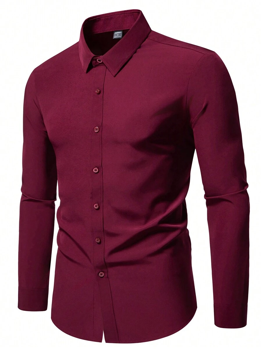 Calvornis 男士纯色前扣长袖休闲上衣，秋季 - 酒紅色 - 查看 1