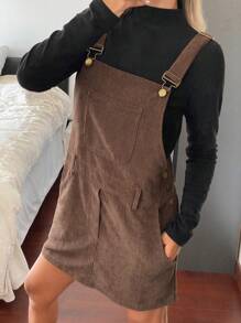 DAZY 女式纯色修身灯芯绒口袋吊带迷你连衣裙，秋季服装 - 棕色 - 查看 5
