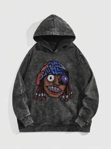 ROMWE MEN Street Life Men's Casual Cartoon Print Loose Pullover Hoodie, Suitable For Sports And Daily Wear, Autumn